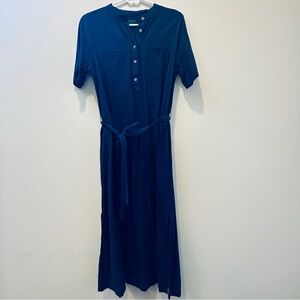 Banana Republic Linen Blue Short Sleeve Midi Dress Crew Buttons Belt Pockets S